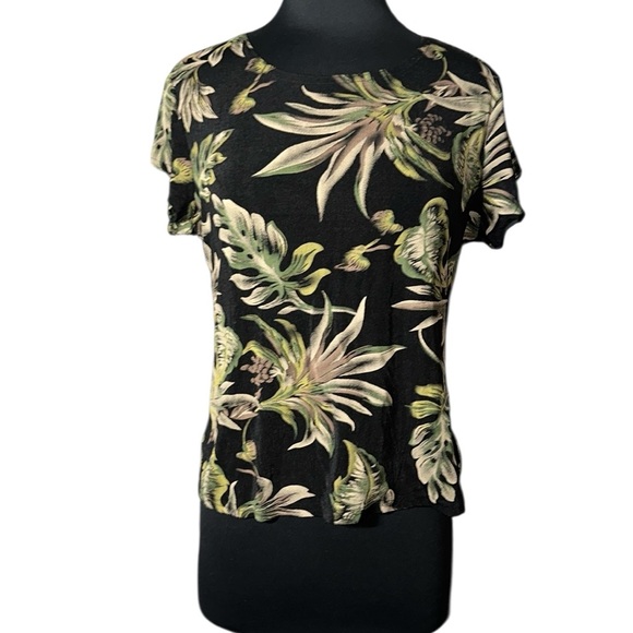 Briggs New York Black Green/Cream Floral Short Sleeve Blouse size large - Picture 1 of 8